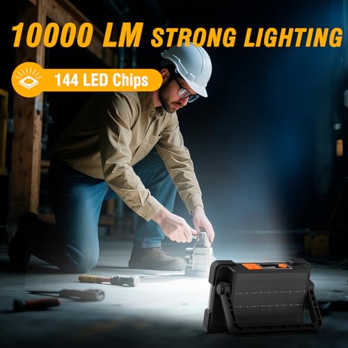 Image of 120W Solar Rechargeable Work Light, 144 LED 10000LM Led Work Light with 4 Modes, Portable Flood Light with Stand, IP66 Waterproof Outdoor Working Light for Emergency Mechanic Camping Repair (Black)