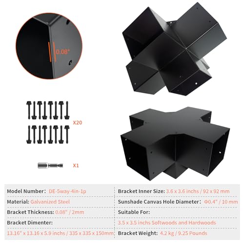 Image of 5-Way Pergola DIY Brackets Kit,Cross-Shaped Woodwork Brackets for 4 inch x 4 inch(Actual:3.5 inchx3.5 inch) Lumber,Black Metal Bracket for Patio Pergolas,Gazebos,Log Cabin W /Hardware (1 Pack)