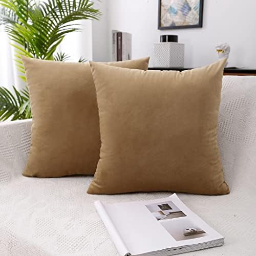 MoonRest - Pack of 2, Velvet Decorative Pillow Cover Set, Cozy Soft with Hidden Zipper Solid Color for Sofa Bedroom Car Couch Throw Pillow 22 x 22 Khaki