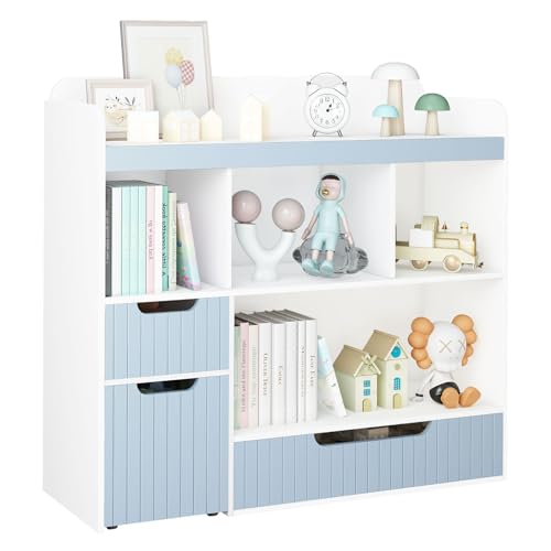 Image of Lkeiyay Kids Bookshelf,Toy Storage Organizer,Nursery Bookshelf,Multifunctional Storage Chest for Playroom,with Hidden Wheels and 4 Storage Cubbies,Blue