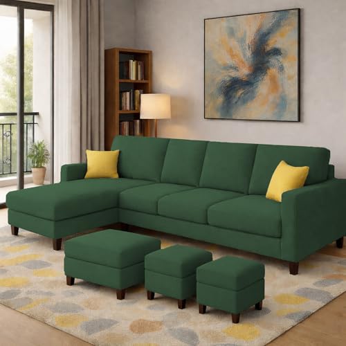 Image of Casaliving Rolando Seater L Shape Sofa Set for Living Room Left Side (Green, 6 Seater with Ottomon - LHS)