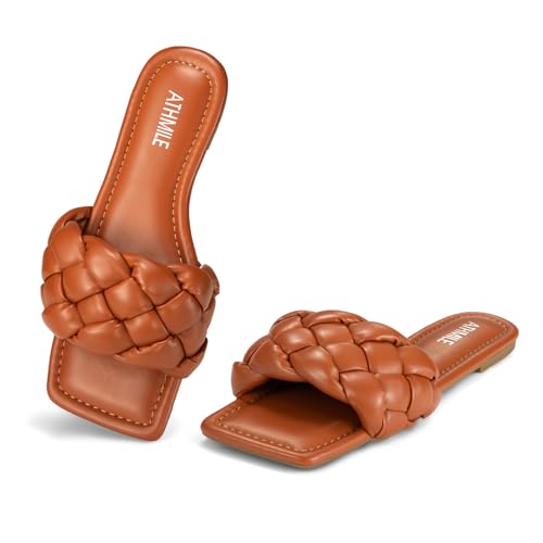 Image of ATHMILE Braided Womens Sandals 2026 Square Open Toe Fashion Slide Sandals | Women Summer Flat Sandals,Soft Leather,Slip on Shoes,Dressy,Causal,Beach,Vocation,Size 6-11
