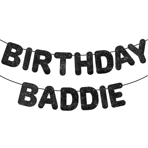 KICOSY Black Glitter Birthday Baddie Banner - Ideal for Adult Birthday Celebration, Friend Gathering, Trendy Decor