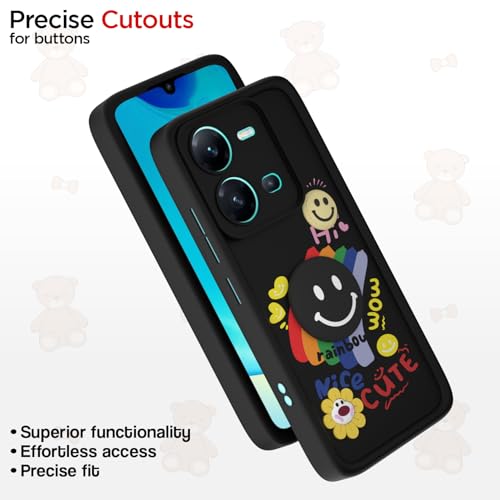 Image of Pikkme Back Cover for Vivo V25 5G | Soft Silicone| Cute Rainbow Smile & 3D Cartoon Flower Design | Shockproof Raised Camera Protection Bumper Case (Black)