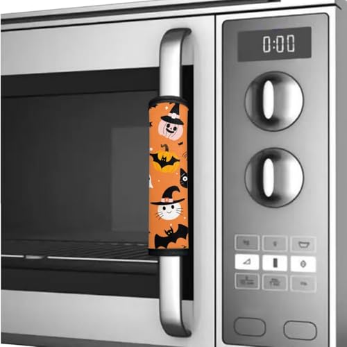 Image of 6 Pieces Fridge Door Handle Covers Washable Kitchen Appliances Handle Protector Anti-Skid Handles Glove Keep Off Smudges, Stain, Wear and Tear, Wizard Pumpkin Cat Bat Spider Web Halloween