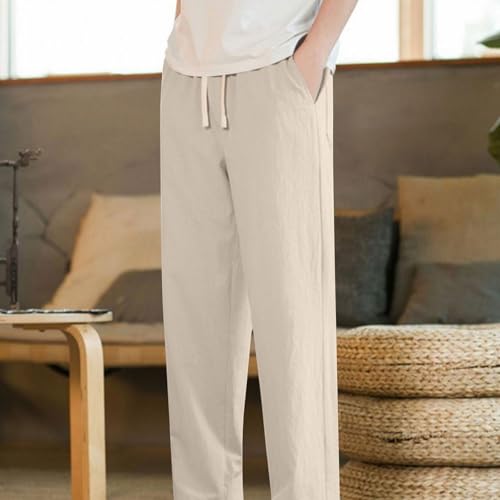 Drawstring Trousers for Men Pockets Elastic Waist Solid Color Pants Breathable Loose Fit Leisure Long Trousers4