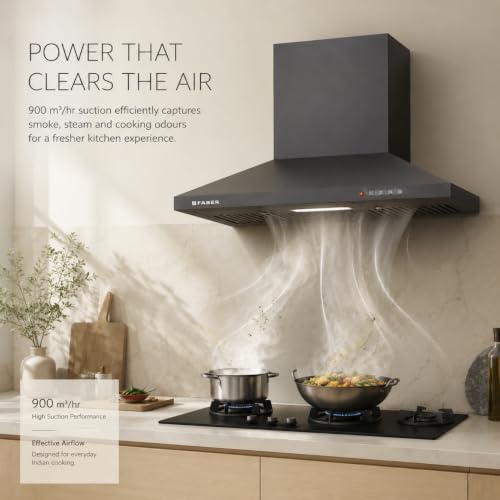 Image of Faber SION 60 cm 900 m /hr Wall Mounted Kitchen Chimney | Baffle Filter | Push Button | LED Lights | 1 Year Comprehensive Warranty and 12 Years on Motor | Neo Craft Grey | HOOD SION PB BF NG 60