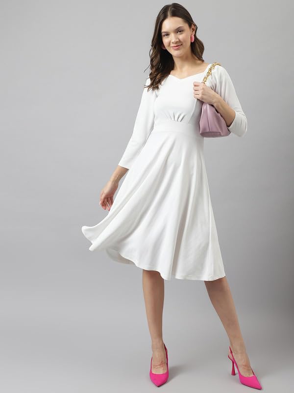 Image of Cicica Women's White Spandex Solid Fit & Flared Heart Neck 3 /4 Sleeve Western Dress | Colour - White