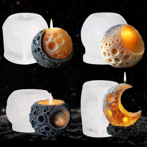 Set of 4 Silicone Sphere Moon Candle Molds, Moon Ball Candle Molds, Resin Casting Silicone Molds for DIY Candle Making, Epoxy Resin Craft, Soap, Clay, Candle Wax Casting, Home Decoration