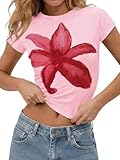 Tankaneo Womens Y2K Graphic Baby Tees Summer Floral Vintage Short Sleeve Tops Slim Fit Cropped T-Shirts Pink