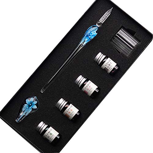 SIPLIV fait main cristal verre intarsia dip stylo plume kit calligraphie signatures stylo avec 4 couleurs d'encre, porte-stylo, tasse de nettoyage, bleu clair