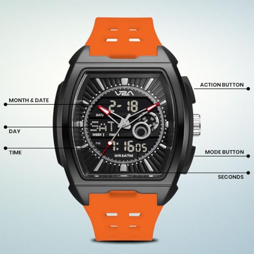 Image of V2A Impact 50mm Analog Digital Watch for Men | Tonneau Sports Case Design | Alarm Stopwatch Countdown Dual Time | TPU Strap | 50M Water Resistant | Gift for Men