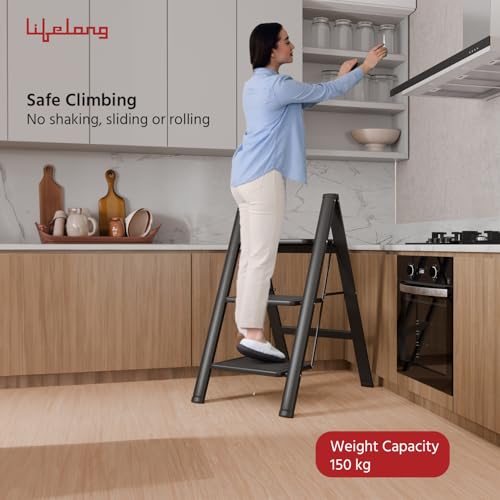 Image of Lifelong 3 Steps Steel Ladder for Home, Foldable & Portable Stairs, Versatile Use for Kitchen, Bathroom & Office Foot Stool - Multipurpose Three Step Stool with 150 Kg Capacity (LLSLS03, Black)