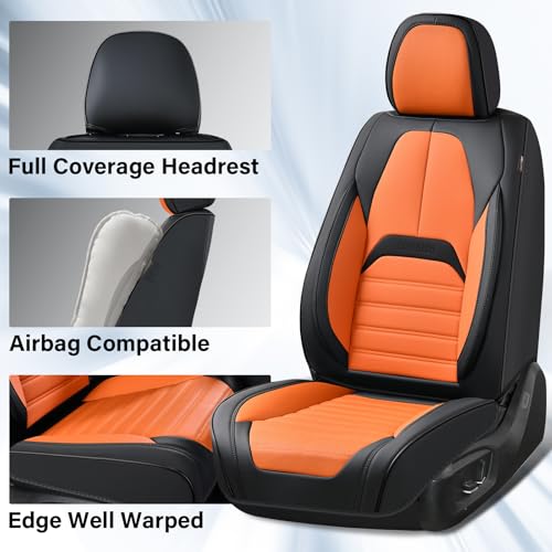 Image of Coverado Waterproof Nappa Leather Car Seat Covers, Automotive Seat Covers,Front Car Seat Cushion & Car Seat Protector, Seat Covers Universal Fit for Most Cars, SUVs,Trucks,Black&Orange
