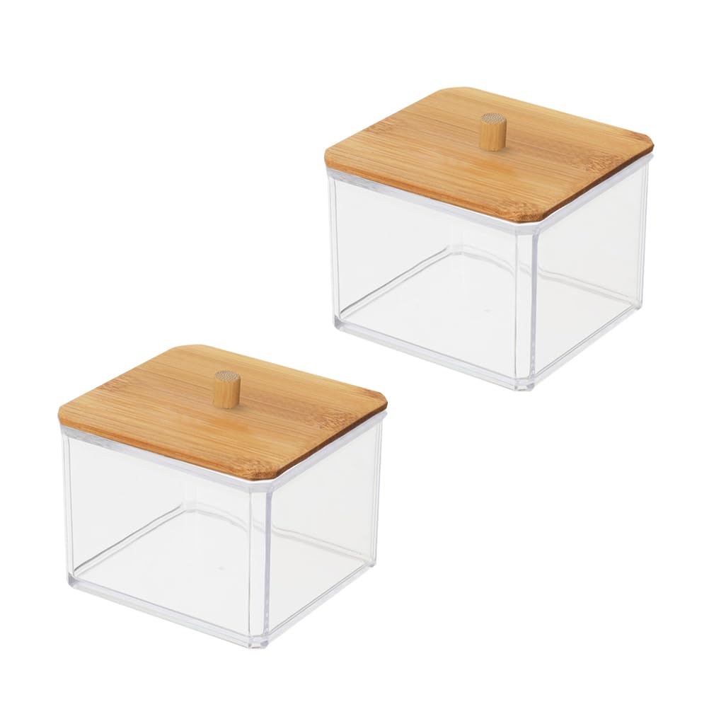 TOPBATHY Cotton Storage Box with Bamboo Lid Clear Acrylic Makeup Organiser for Cotton Swabs Pads and Pens 9.5Cm X 9.5Cm X 8.8Cm - Image 4