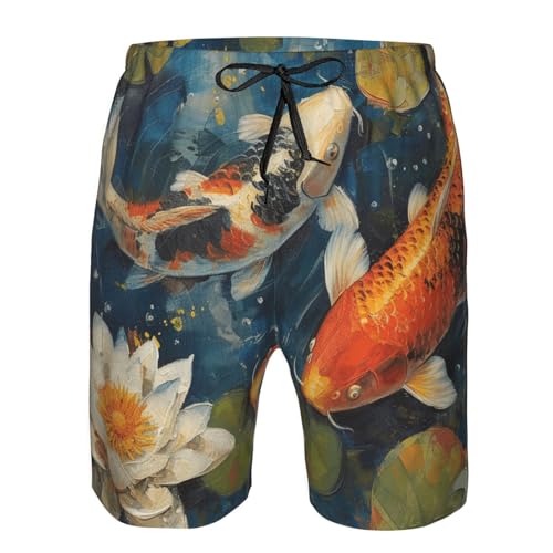 Men's Quick Dry Swim Shorts Fish Lotus Flowers Oil Painting Asian Style Beach Trunks with Pockets3