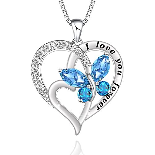 Butterfly Necklaces for Women: 925 Sterling Silver Double Heart Blue Butterfly Pendant Necklace Jewelry Birthday Valentines Day Gifts for Her Mom Women Girls