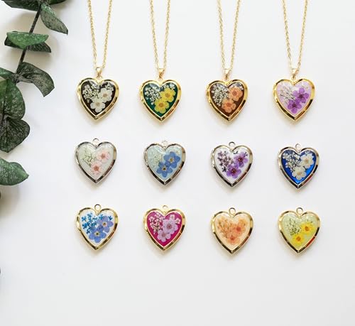 Handmade Heart Shaped Dried Pressed Forget Me Not Flower Photo Locket Pendant Necklace (Gold, Customized with photo)2