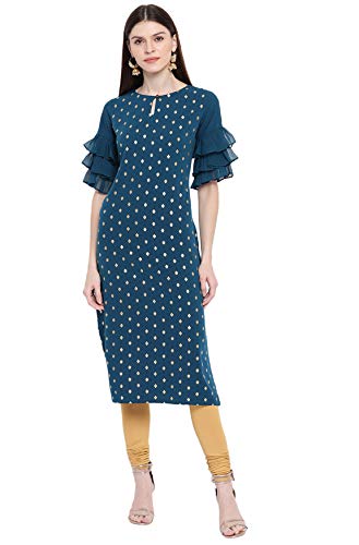 Image of Janasya Women's Teal Poly Crepe Gold Print Straight Kurta