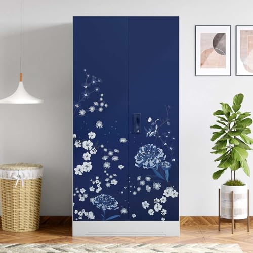 Image of Interio by Godrej Wardrobe Slimline 2 Door Steel Almirah (Digital Printed Midnight Blue and Royal Ivory) Wardrobe for Clothes, 1 Year Warranty, 4 Shelves