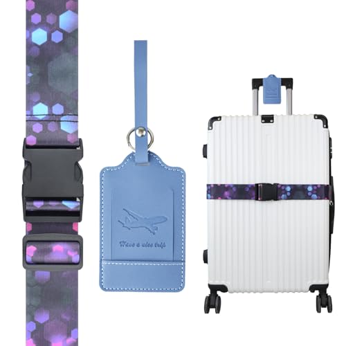 Image of Ferris Luggage Strap for Suitcases TSA Approved with Luggage Tag Adjustable Suitcase Strap Luggage Connector Identifiers Over Handle with Buckle Polyester Strap for Bag Car Seat (Colorful Hexagons)