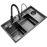CHEMYO Lavello da Cucina Lavello con Gradino Lavelli in Acciaio Inox Installazione da Incasso o sottopiano con Lavatrice a Tazza/Rubinetto dell'Acqua Tirante