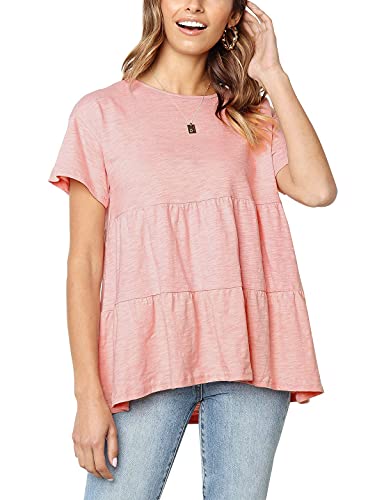Damen Falten Bluse Lose Kurzarm Casual Peplum Bluse Tunika T-Shirt Tops mit Rüschen (102Pink, M) Cover