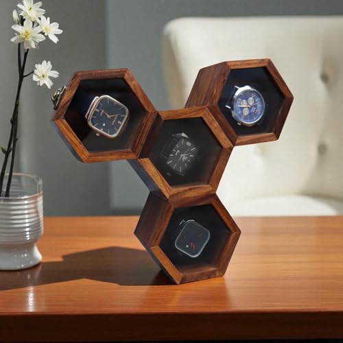 Image of Vintage Wooden Watch Box for Men, Timepiece Display Case, Honeycomb Watch Storage & Organizer, Jewlery Box for Women, Anniversary Gift For Husband (4 Compartments)