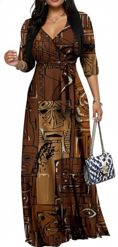 Image of Women's Church Maxi Wrap V Neck 3 /4 Sleeve Tie Waist Plus Size Long Dress | Flattering wrap V-neck design enhances curves. High elastic tie waist accentuates the slimmest part, hides tummy.