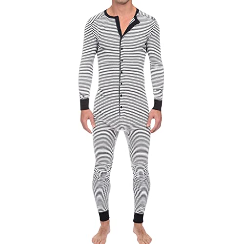 Pijama de una pieza para hombre, enterizo de manga larga con botones, ropa interior suave y cálida con estampado a rayas para adultos, blanco, L