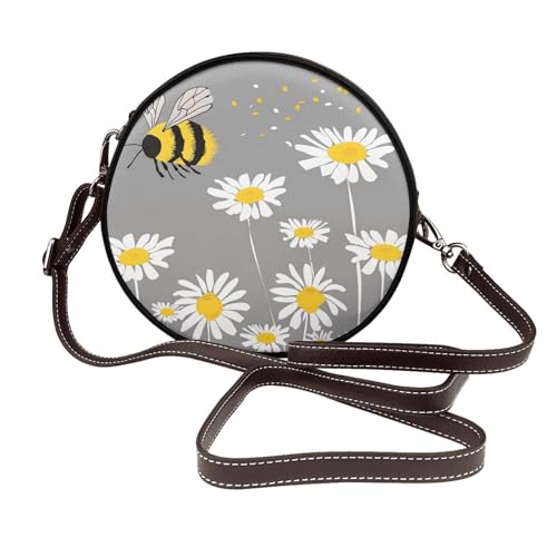 Sac à bandoulière rond en cuir vegan motif daisy et abeille floral