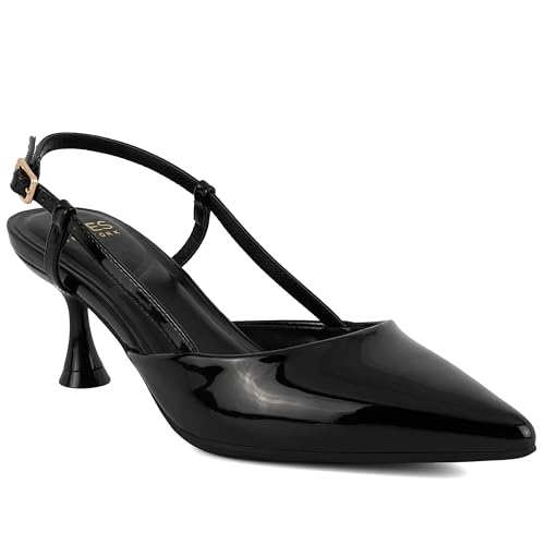 Jones New York Women's Pointed Toe Slingback Mid-Heel Pumps,Dress Shoes with Adjustable Strap for Wedding, Evening, or Office Wear-Lina, Black Smooth-Size 6.5