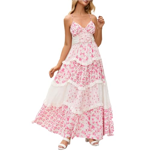 Women Floral Patchwork Maxi Dress V Neck Sleeveless Cross Back Spaghetti Strap Tiered Sundress Summer Long Dress