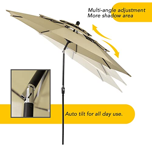 GREEN PARTY 10ft Outdoor Patio Umbrella, [Auto-Tilting] 3 Tiers Market Table Umbrellas with 1.5\" Pole, 8 Sturdy Ribs, 3-Year-Non-Fading for Garden Deck Pool Backyard, Beige - Thumbnail 3