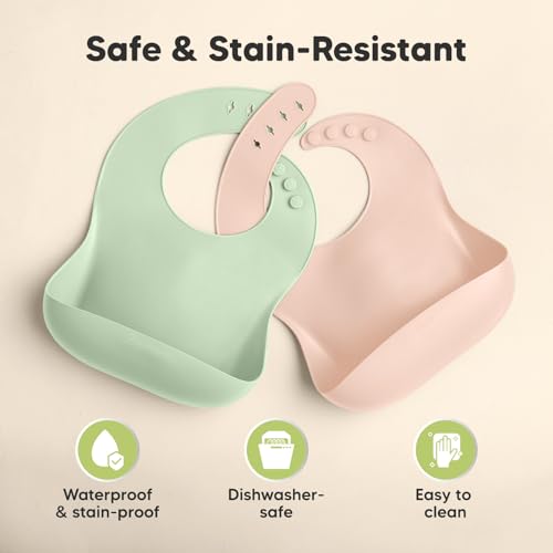 Image of KeaBabies 2-Pack Silicone Bibs for Babies, Toddlers Girl, Boy (Mellow) | Sturdy Food-Grade Baby Bibs for Eating, Large Food Catcher, Easy Clean & Put On, Waterproof Baby Feeding Essentials, BPA-Free