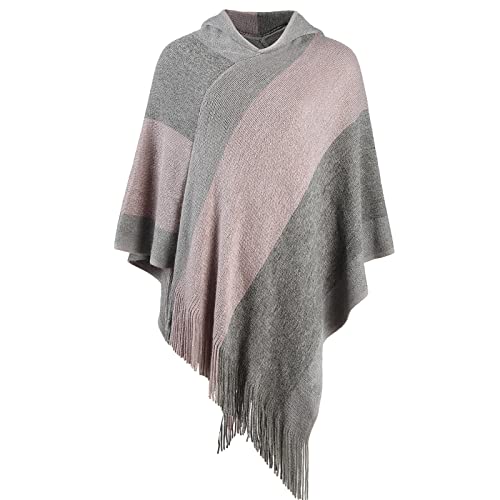 Women's Elegant Knitted Shawl Poncho with Fringed V-Neck Striped Sweater