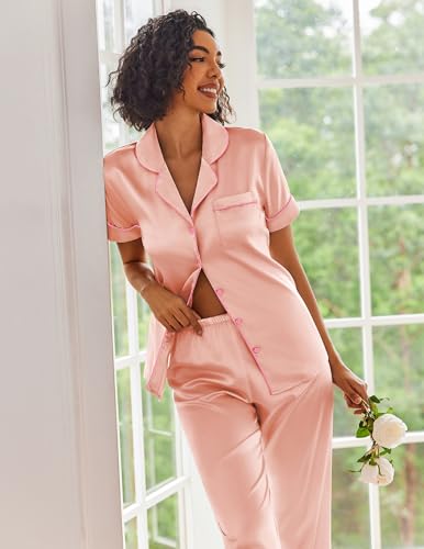 Image of Ekouaer 2 Piece Satin Short Sleeve Pajamas Set Button Down Sleepwear | Soft Pjs Set Classic Loungewear for Wedding, Party, Home, Daily Wear, Date Nights