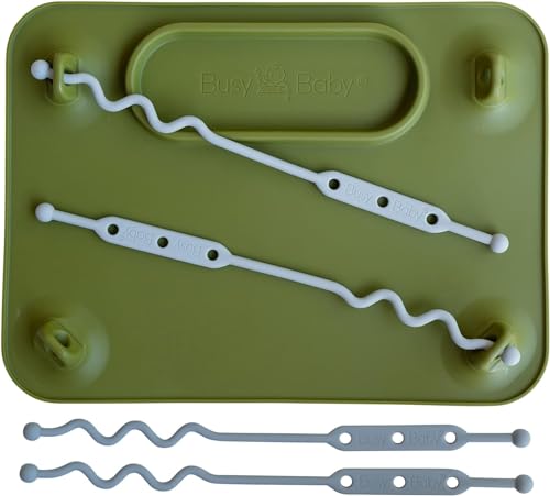 Image of BUSY BABY Silicone Placemat-As Seen On Shark Tank-Built-in Suction Cups-4 Toy Tethers for Babies Toddlers and Kids-Food Grade Silicone-8.5 x 11 in-Comes with Travel Sleeve-Dishwasher Safe-Olive