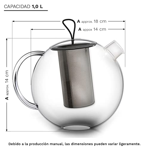 Creano Tetera JUMBO, Tetera de Vidrio en 3 Piezas en un Juego de Tetera con Filtro Integrado de Acero Inoxidable y Tapa de Vidrio | 1,0L - Imagen 3