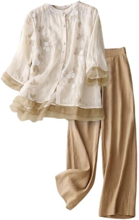 Women Linen Shirt Set Summer Blouse Wide Leg Pants Casual Outfit