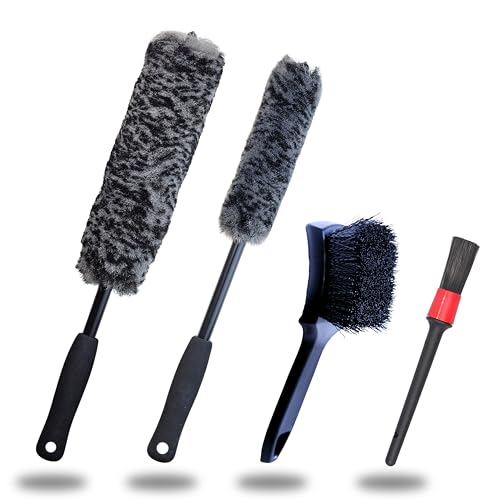 oesee Refined Long Handle Car Wheel Brush Arsenal, Soft Wheel and Rim Brush,Tire Brush, Bendable & Durable Car Wheel Rim Cleaner Brush Set for Cleaning Wheel and Tire, Large, Grey & Black