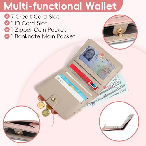Small Wallet Women RFID Blocking Bifold Leather Wallets for Women Credit Card Holder with ID Window Zipper Coin Pocket Pink3