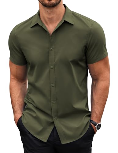 COOFANDY Camisa Hombre Manga Corta con Botones Camisa Business Casual Verano Corte Regular Fit Shirt Verde Militar M