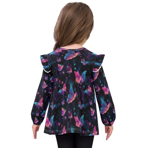 Blue Butterflies Leave Night Girls Shirts Cotton Long Sleeve Ruffle Toddler Tee Tops4