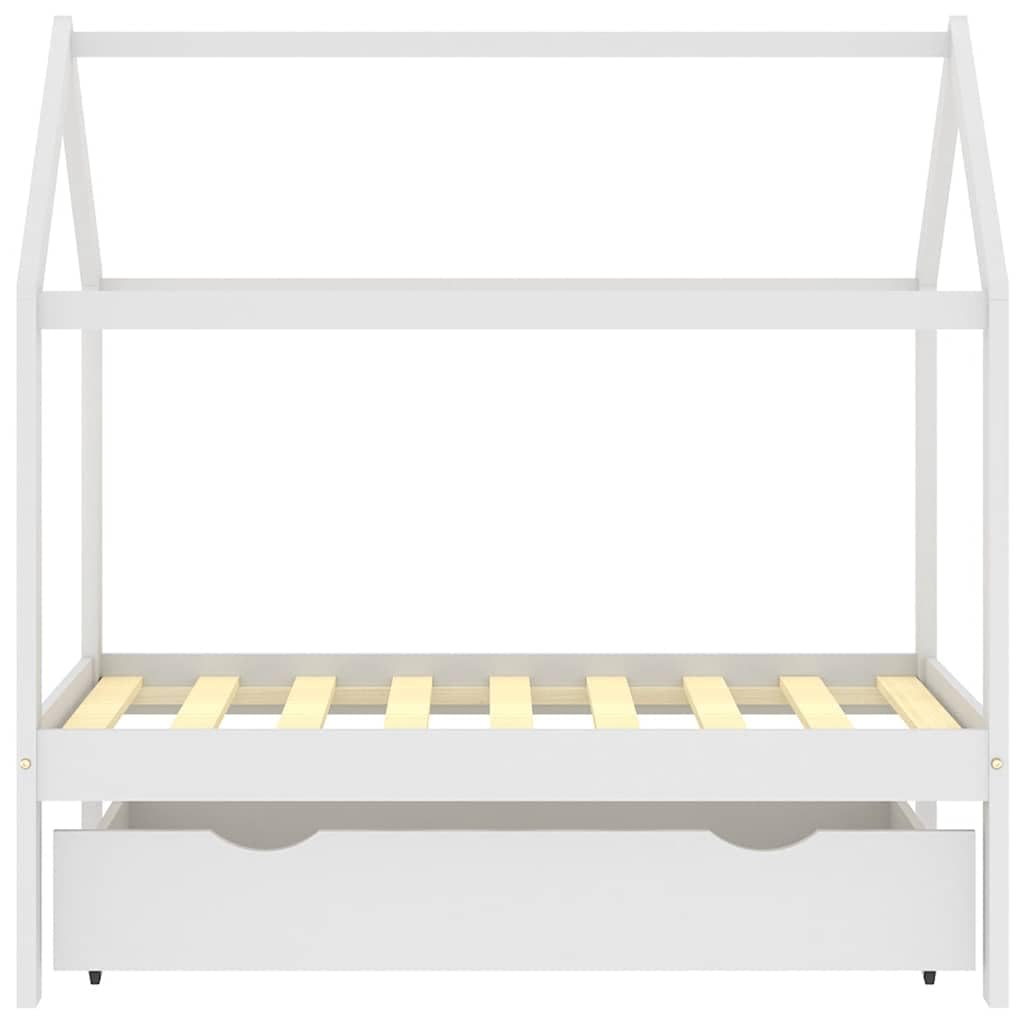 Kinderbett mit Schublade in Weiß aus Massivholz Kiefer 70x140 cm für Kleinkinder, stabiles Bettgestell mit Stauraum, höhenverstellbar, umbaubar, und Kinder