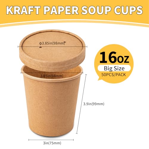 Image of PakTalk [50 Pack Soup Containers with Lids, Disposable To Go Containers Kraft 16oz Paper Soup Bowls with Lid for Hot Drinking, Food, Ice Cream (50sets, 16 oz)
