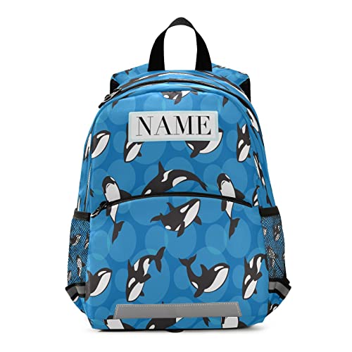 Toddlers Backpack with Name Customization Orca Killer Whale on Blue Kids Childish Bookbag for Boys Girls 3-6 Years Children Kindergarten Preschool School Bags with Reflective Strips Daypack