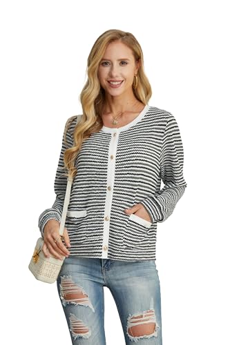 Image of Women's Green Black Casual Dressy Stirped Cardigan with Patch Pocket Sweaters Crew Neck Lady Lightweight Jacket 2024 Fall Winter Size XXL