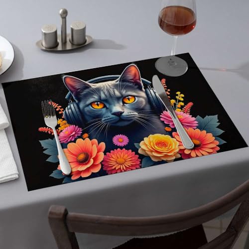 Sets de table chat et fleurs colorées au design original en lot de 6