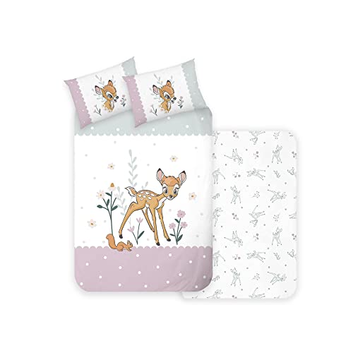Disney Home Bambi Baby Bed Linen Set 100 x 135 cm - Pillowcase 40 x 60 cm - Bambi Knocker - Children's Bed Linen - Super Soft Renforcé 100% Cotton, 2-Piece Bambi Reversible Bed Linen